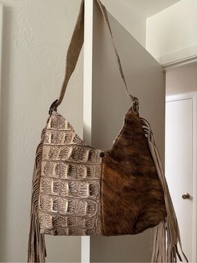 Fringe Mixed-Texture Hobo Bag in Brown and Cream